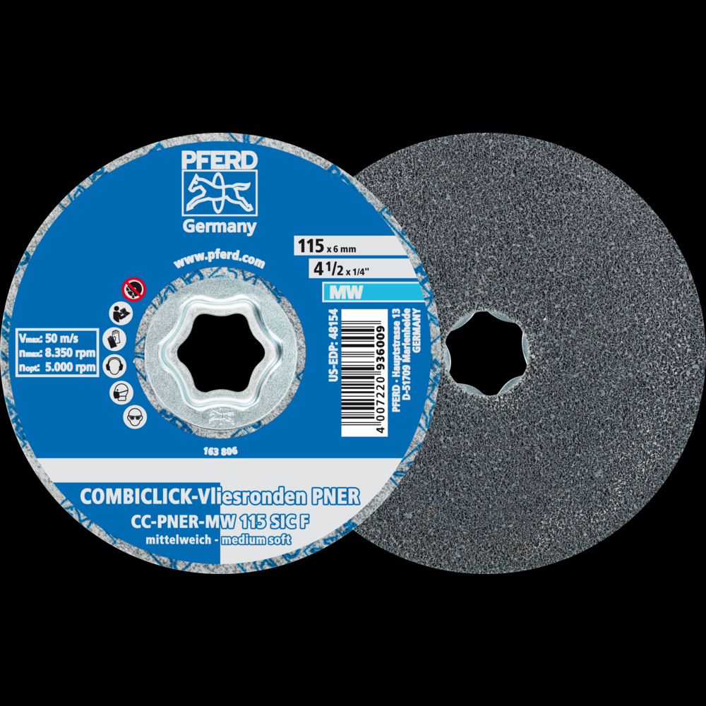 PFERD COMBICLICK® Unitized Disc, 4-1/2&#34; Dia, Fine, Medium-Soft, 3SF, Silicon carbide
