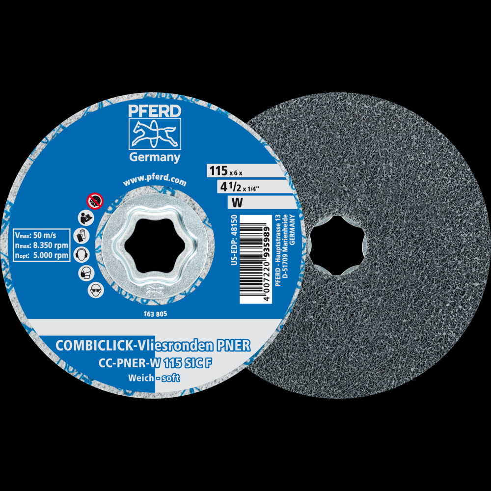 PFERD COMBICLICK® Unitized Disc, 4-1/2&#34; Dia, Fine, Soft, 2SF, Silicon carbide