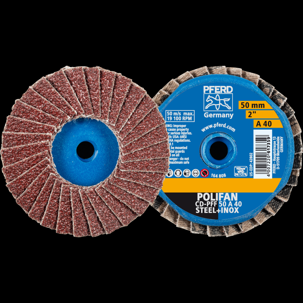 PFERD Mini Flap Disc, 2&#34; Dia, Type CD, 40 Grit, Flat, Aluminum oxide