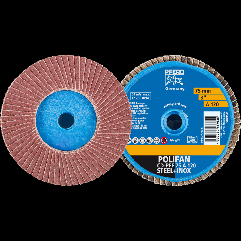 PFERD Mini Flap Disc, 3&#34; Dia, Type CD, 120 Grit, Flat, Aluminum oxide