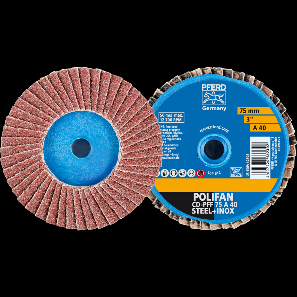 PFERD Mini Flap Disc, 3&#34; Dia, Type CD, 40 Grit, Flat, Aluminum oxide