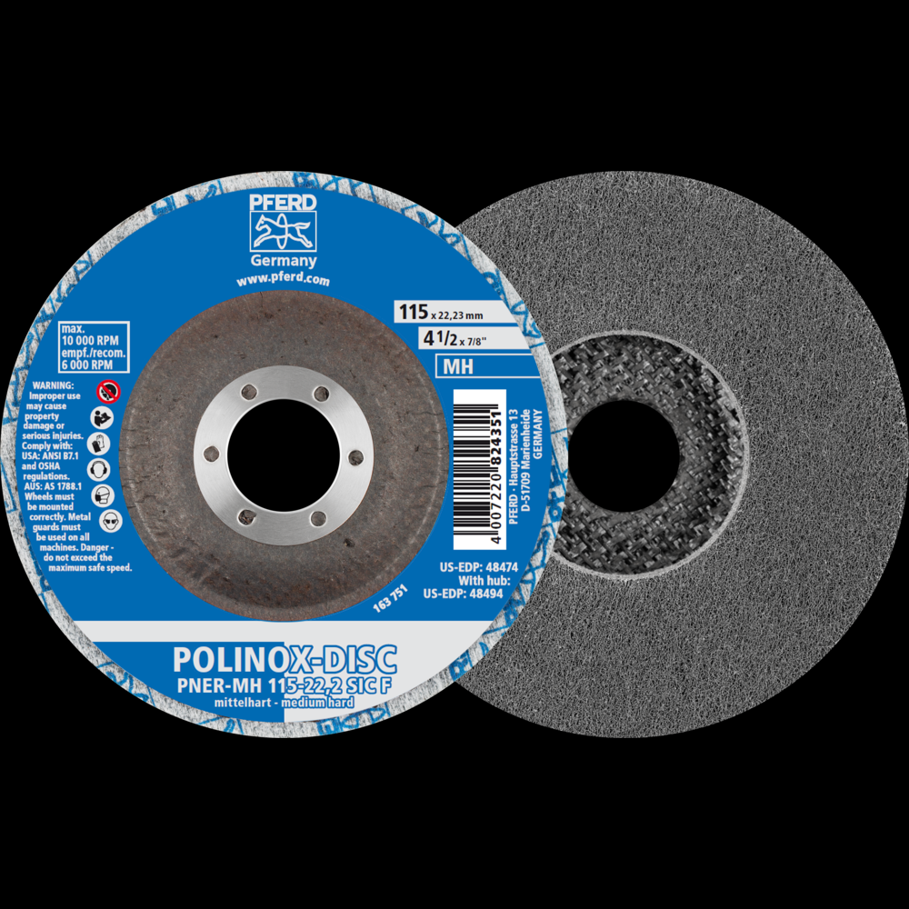 PFERD POLINOX® Unitized Disc, 4-1/2&#34; x 1/2 x 7/8, T27, Fine, MH, 6SF, Silicon carbide