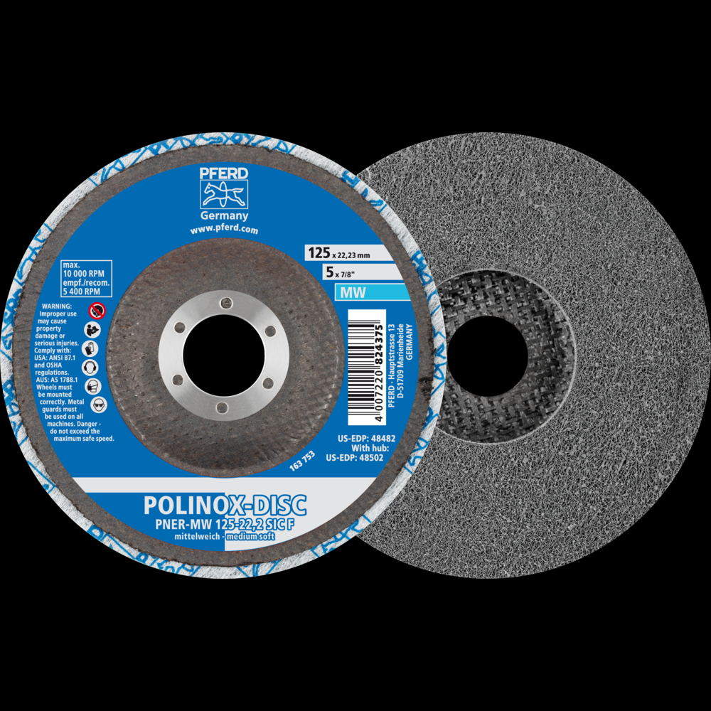PFERD POLINOX® Unitized Disc, 5&#34; x 1/2 x 7/8, T27, Fine, Soft, 3SF,Silicon carbide
