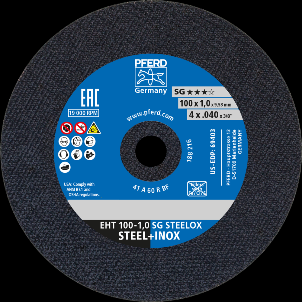 PFERD Die Grinder Cut-Off Wheel, 4&#34; x .040 x 3/8, SG STEELOX, T1, Aluminum oxide