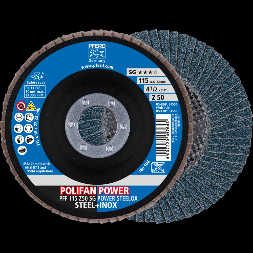 PFERD Flap Disc, 4-1/2&#34; x 7/8, Z SG POWER STEELOX, 50 Grit, T27, Flat, Zirconia