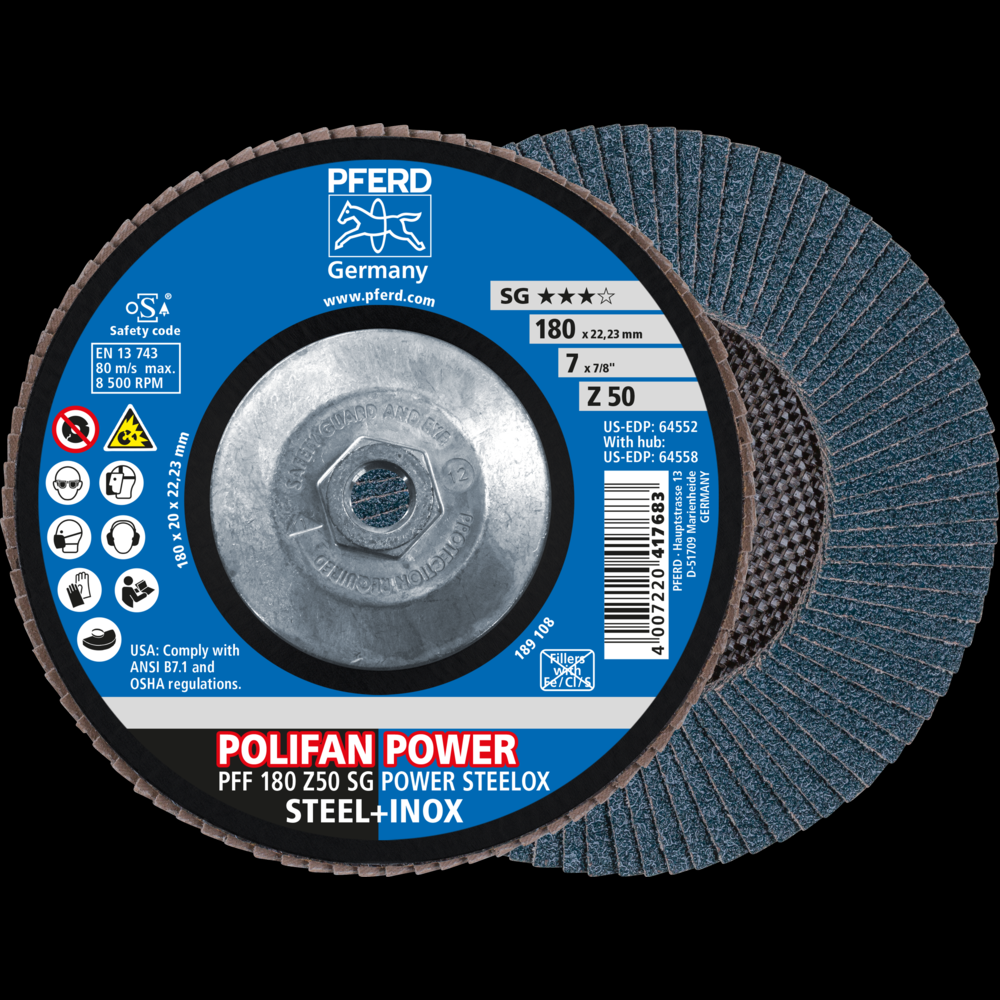 PFERD Flap Disc, 7&#34; x 5/8-11, Z SG POWER STEELOX, 50 Grit, T27, Flat, Zirconia