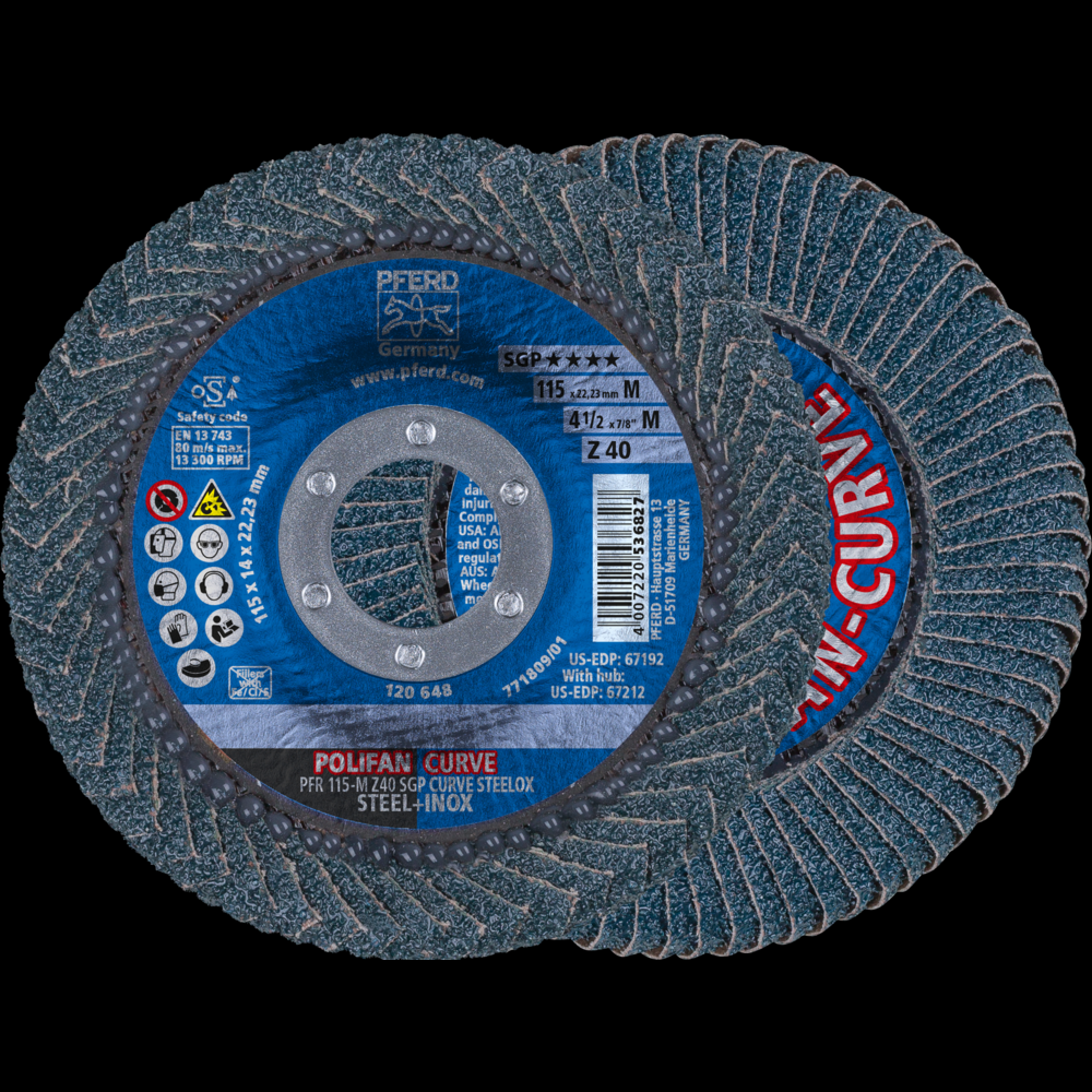 PFERD Flap Disc, 4-1/2&#34;x7/8, Z SGP CURVE STEELOX,40 Grit,Medium Radius,Zirconia,2 Pack