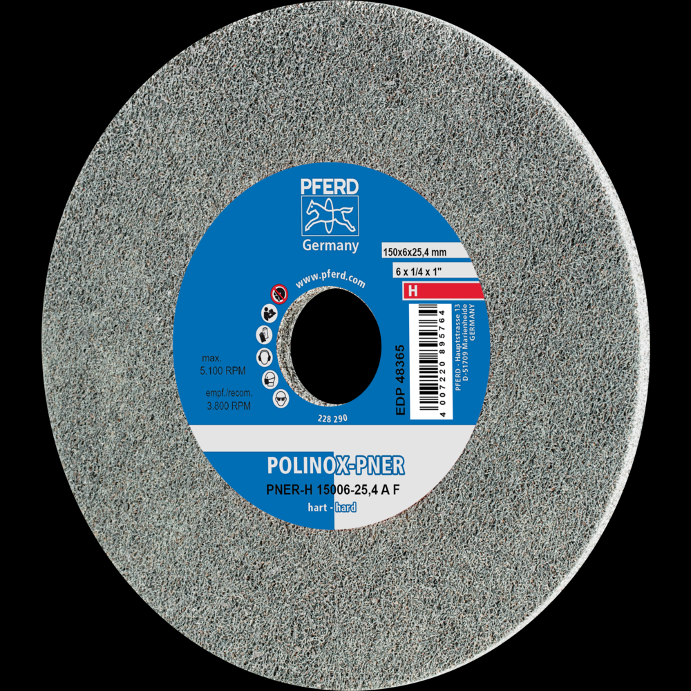 PFERD POLINOX® Unitized Wheel, 6&#34; x 1/4 x 1, Fine, Hard, 6AM, Aluminum oxide