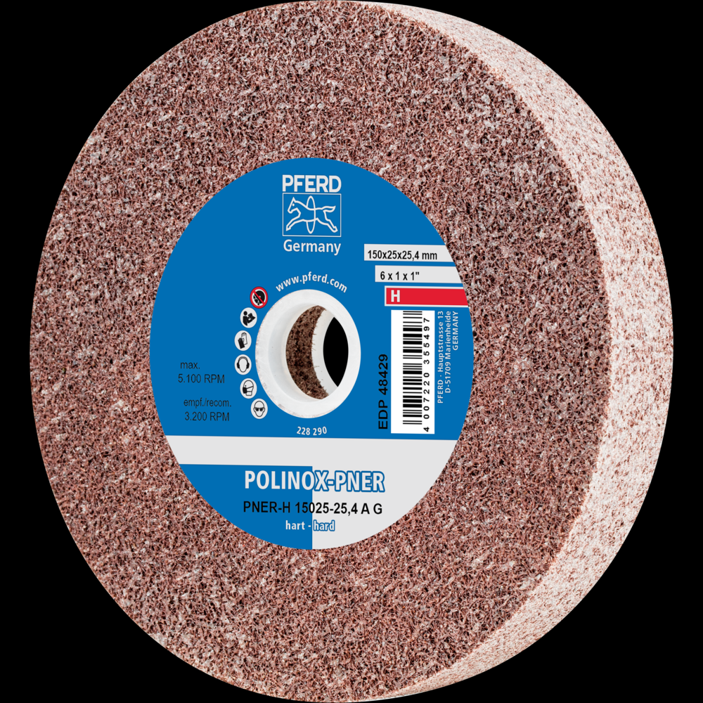 PFERD POLINOX® Unitized Wheel, 6&#34; x 1 x 1, Coarse, Hard, 8AC, Aluminum oxide
