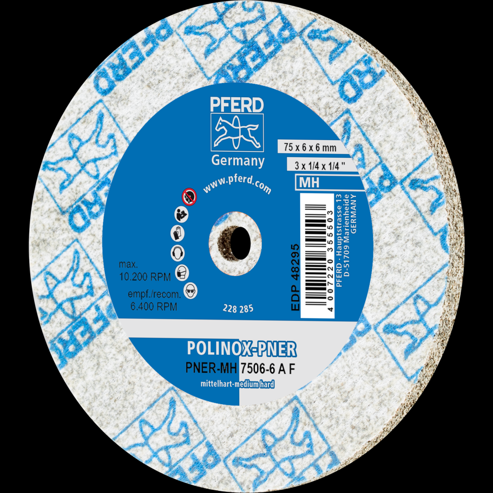 PFERD POLINOX® Unitized Wheel, 3&#34; x 1/4 x 1/4, Fine, Medium-Hard, 6AF, Aluminum oxide