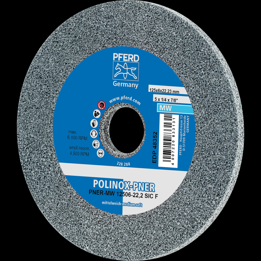 PFERD POLINOX® Unitized Wheel, 5&#34; x 1/4 x 7/8, Fine, Soft, 3SF, Silicon carbide