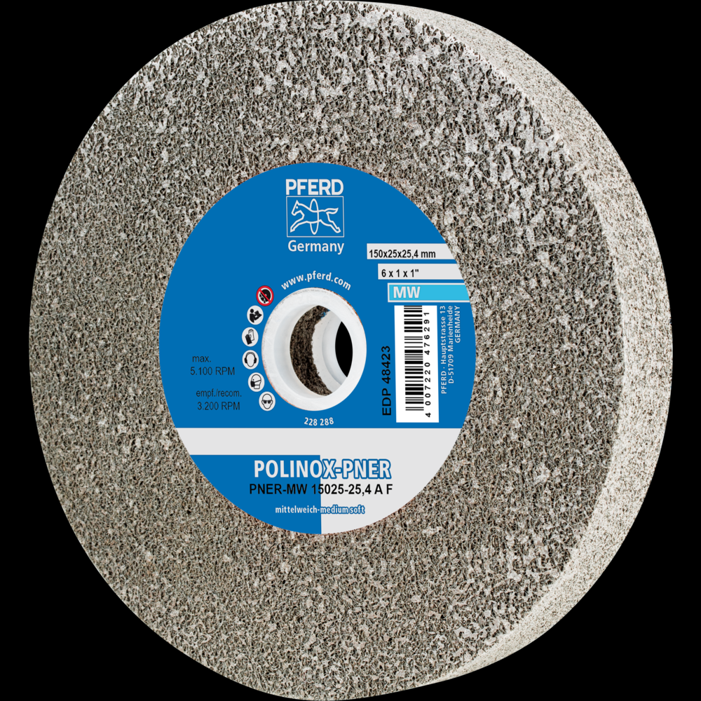 PFERD POLINOX® Unitized Wheel, 6&#34; x 1 x 1, Fine, Soft, 3AF, Aluminum oxide