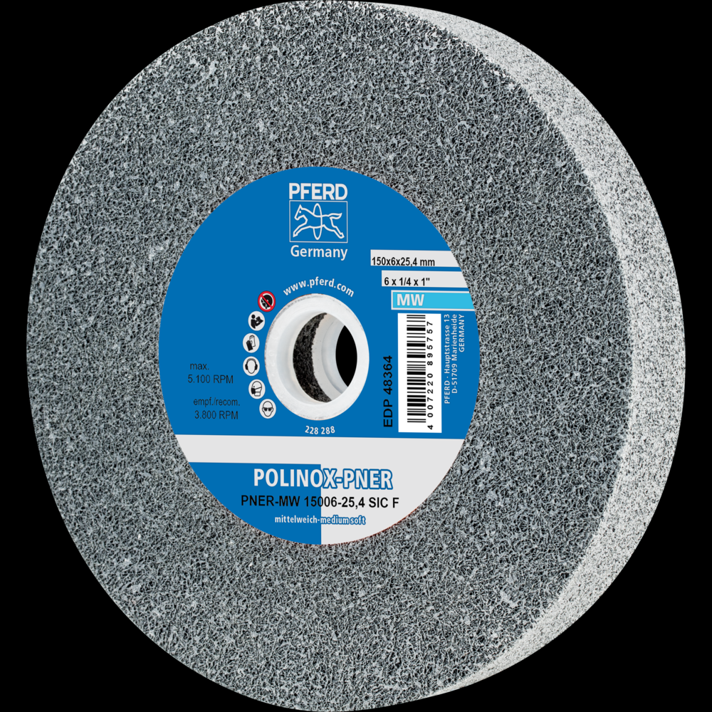 PFERD POLINOX® Unitized Wheel, 6&#34; x 1 x 1, Fine, Soft, 3SF, Silicon carbide