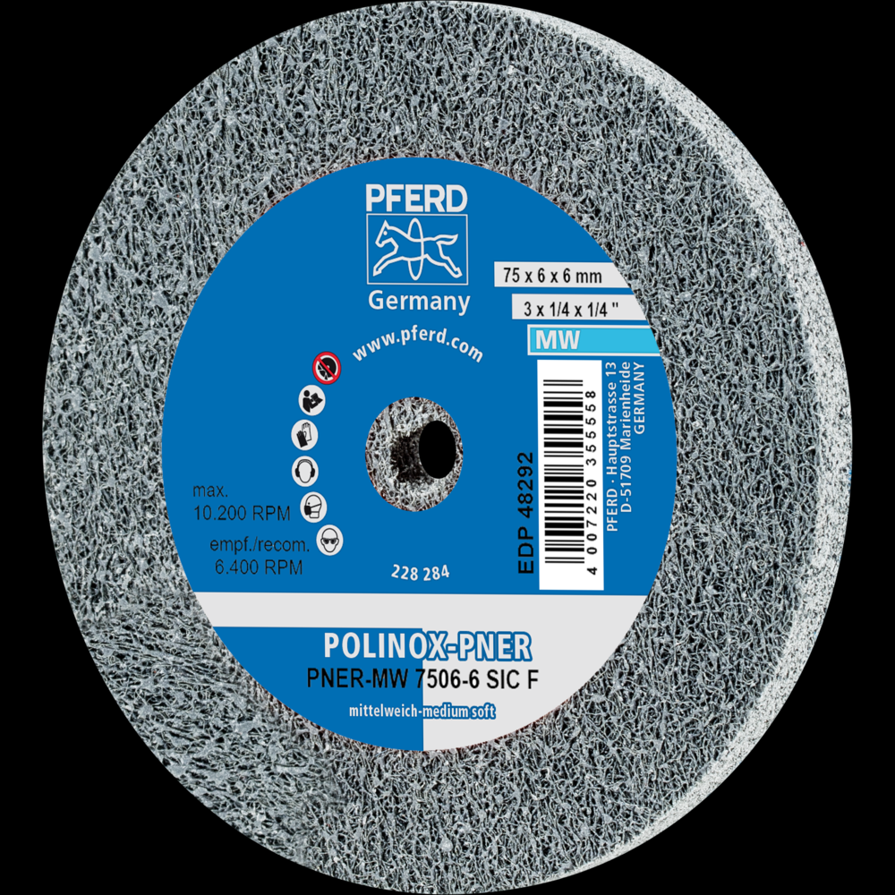 PFERD POLINOX® Unitized Wheel, 3&#34; x 1/4 x 1/4, Fine, Medium-Soft, 3SF, Silicon carbide