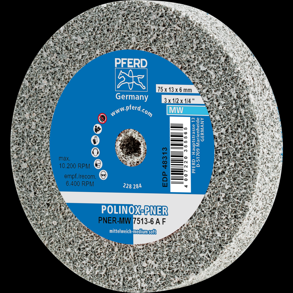 PFERD POLINOX® Unitized Wheel, 3&#34; x 1/2 x 1/4, Fine, Soft, 3AF, Aluminum oxide