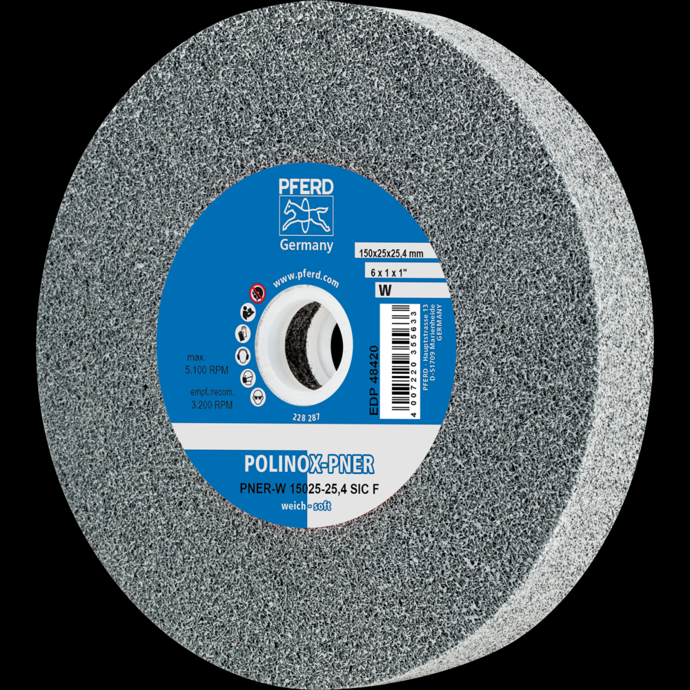 PFERD POLINOX® Unitized Wheel, 6&#34; x 1 x 1, Fine, Soft, 2SF, Silicon carbide