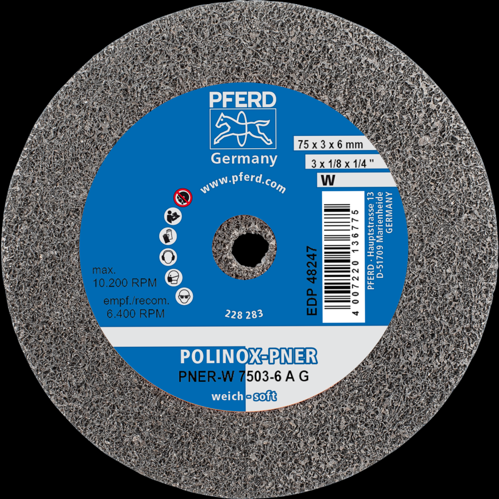 PFERD POLINOX® Unitized Wheel, 3&#34; x 1/8 x 1/4, Coarse, Soft, 2AM, Aluminum oxide