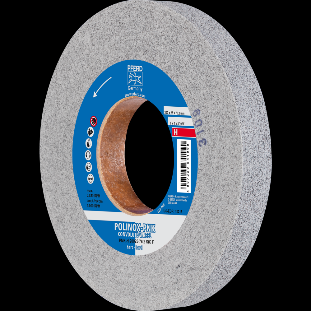 PFERD POLINOX® Convolute Wheel, 8&#34; x 1 x 3, Fine, Hard, 9SF, Silicon carbide