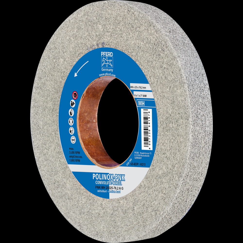 PFERD POLINOX® Convolute Wheel, 8&#34; x 1 x 3, Coarse, Medium-Hard, 8AM, Aluminum oxide