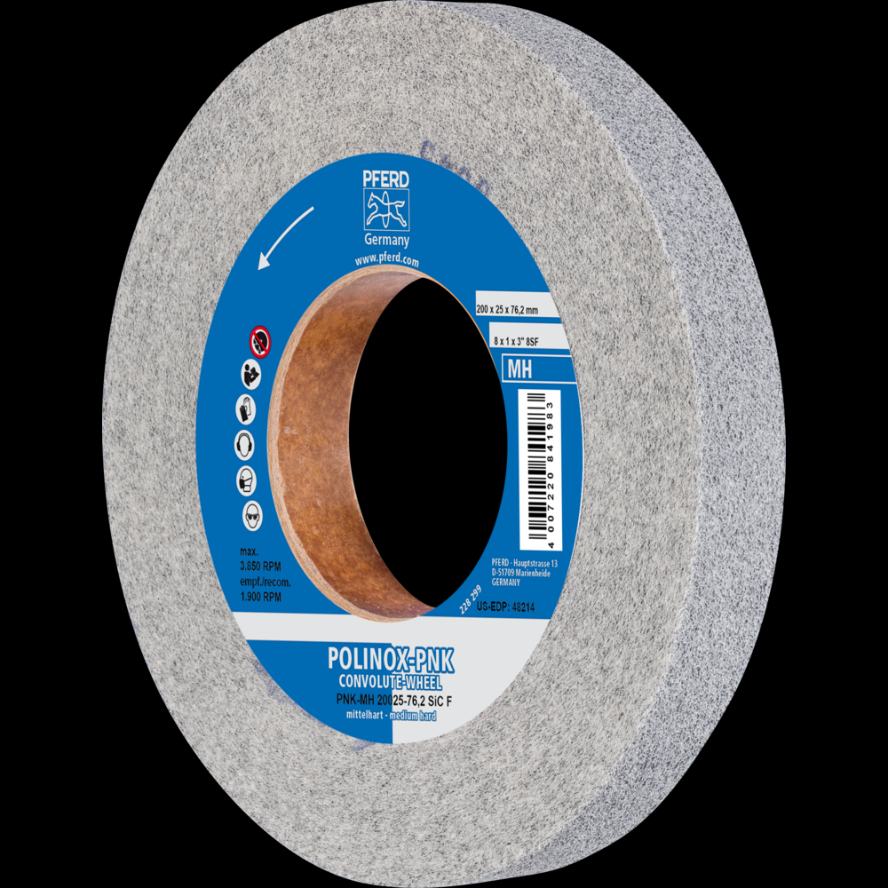 PFERD POLINOX® Convolute Wheel, 8&#34; x 1 x 3, Fine, Medium-Hard, 8SF, Silicon carbide