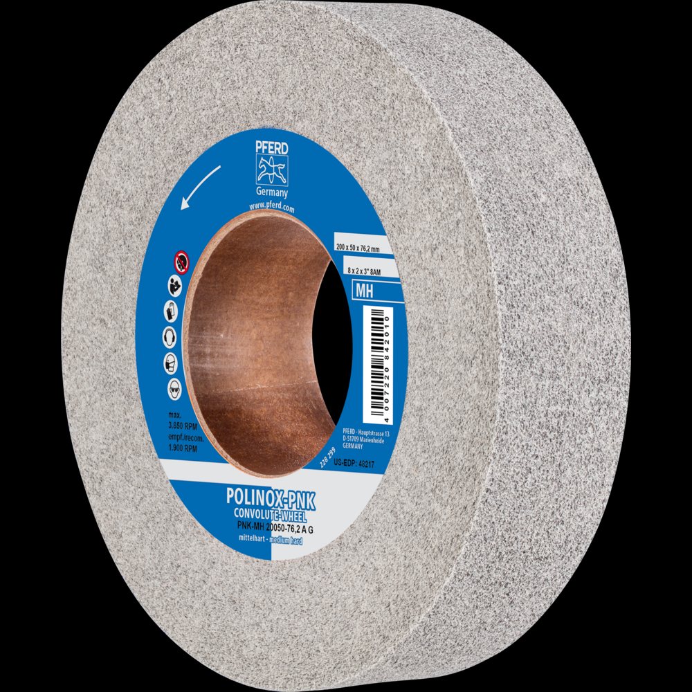 PFERD POLINOX® Convolute Wheel, 8&#34; x 2 x 3, Coarse, Medium-Hard, 8AM, Aluminum oxide