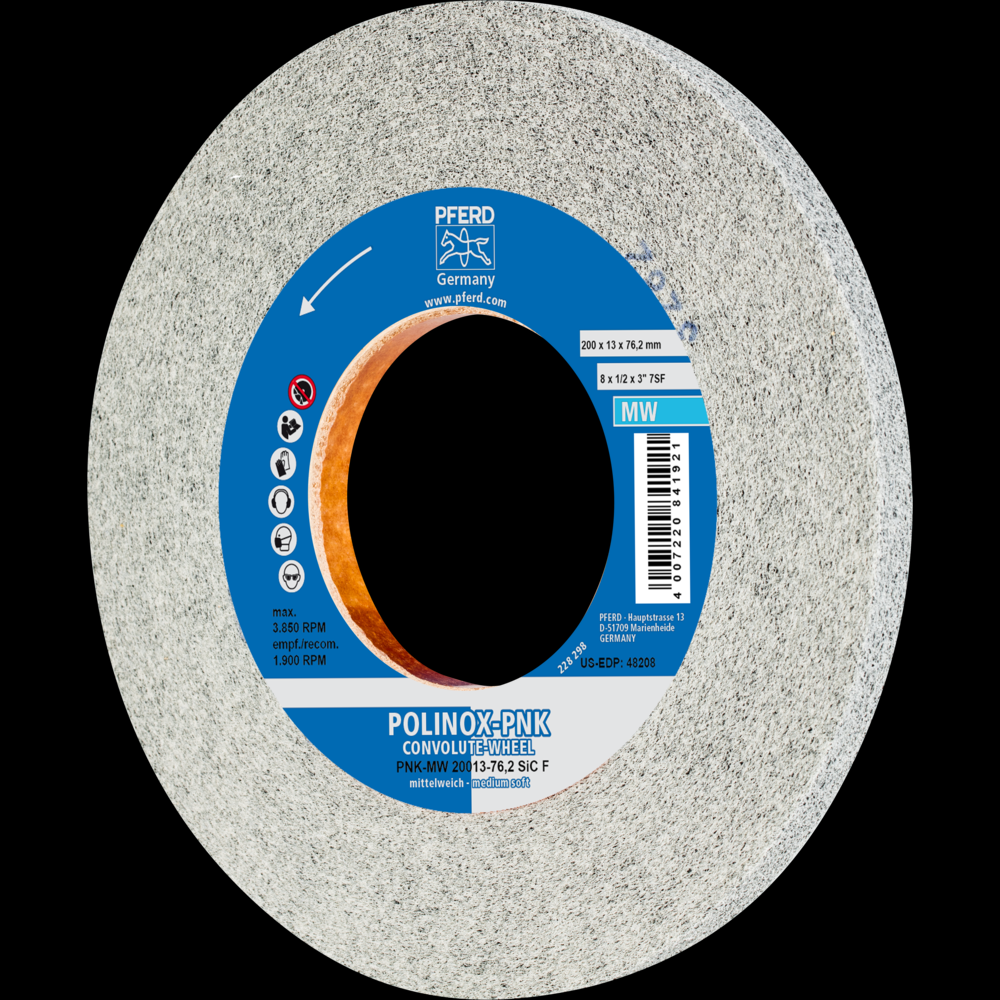 PFERD POLINOX® Convolute Wheel, 8&#34; x 1/2 x 3, Fine, Medium-Soft, 7SF, Silicon carbide