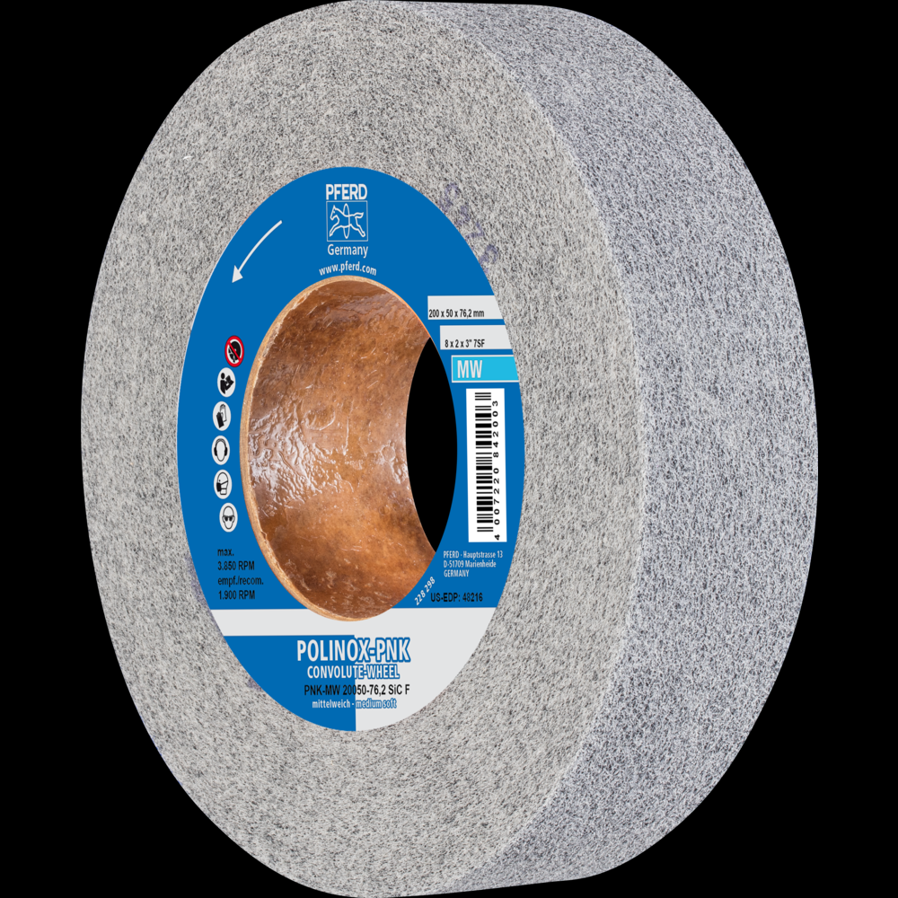 PFERD POLINOX® Convolute Wheel, 8&#34; x 2 x 3, Fine, Medium-Soft, 7SF, Silicon carbide