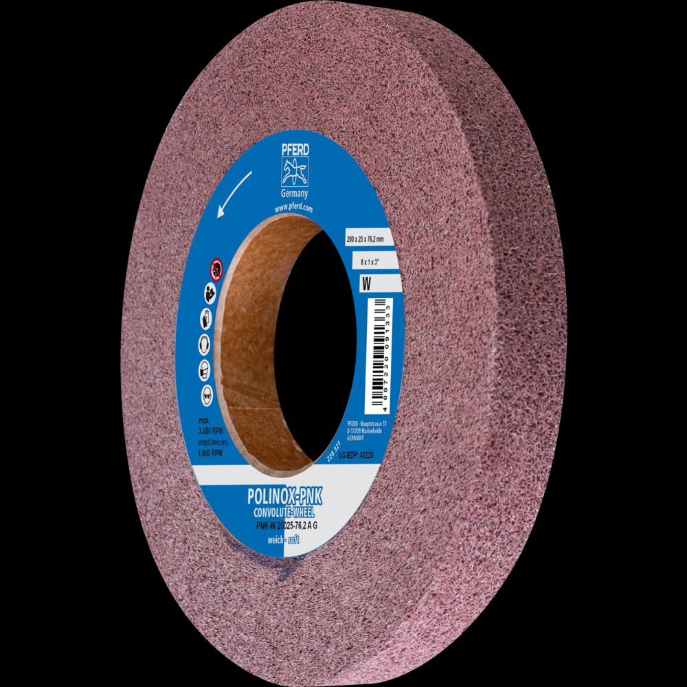 PFERD POLINOX® Convolute Wheel, 8&#34; x 1 x 3, Coarse, Soft, 5AM, Aluminum oxide