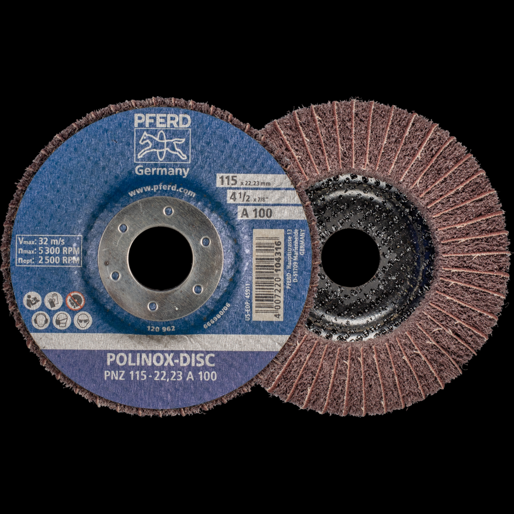 PFERD POLINOX® Fibre-backing disc, 4-1/2&#34;x3/4x7/8, Interleaved,100 Grit,Aluminum oxide