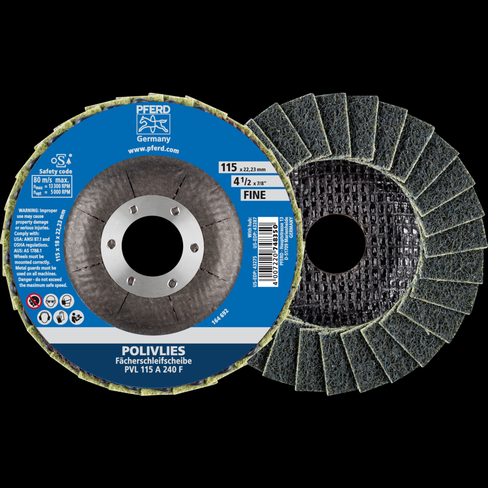 PFERD POLIVLIES® Non-Woven Flap Disc, 4-1/2&#34; x 7/8, 240 Grit, Fine, Aluminum oxide
