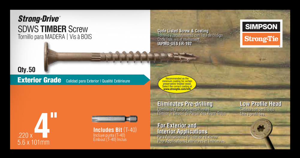 Strong-Drive® SDWS™ TIMBER Screw (Exterior Grade) - 0.220 in. x 4 in. T40, Tan (50-Qty)