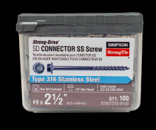 Simpson Strong-Tie SD9212SS-R100 - Strong-Drive® SD CONNECTOR SS Screw - #9 x 2-1/2 in. 1/4-Hex Drive, Type 316 (100-Qty)