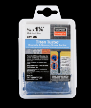 Simpson Strong-Tie TNT18114TFC25 - Titen Turbo™ - 3/16 in. x 1-1/4 in. 6-Lobe Flat-Head Concrete and Masonry Screw, Blue (25-Qty)