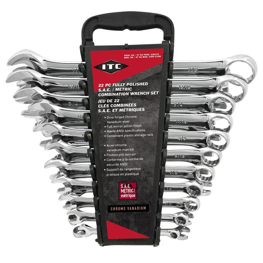 Fully Polished SAE / Metric Combination Wrench Set - 22pc
