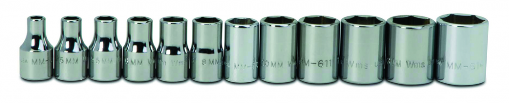 12 pc 1/4&#34; Drive 6-Point Metric Shallow Socket Set on Rail and Clips