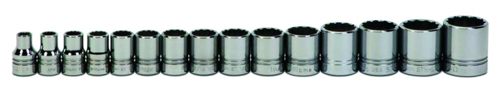 15 pc 1/2&#34; Drive 12-Point SAE Shallow Socket Set on Rail and Clips