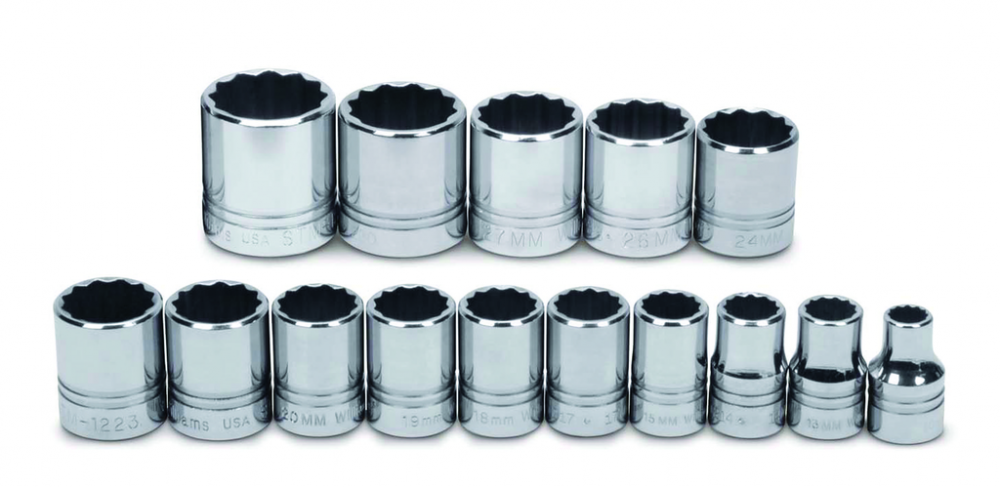 15 pc 1/2&#34; Drive 12-Point Metric Shallow Socket Set on Rail and Clips