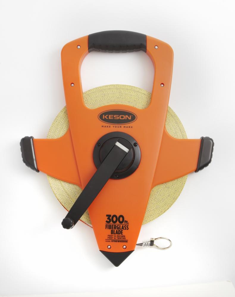 300 FT, UNITS: IN, 1/8, AND FT, 1/10, 1/100, FIBERGLASS TAPE MEASURE WITH RING 3X1 REWIND