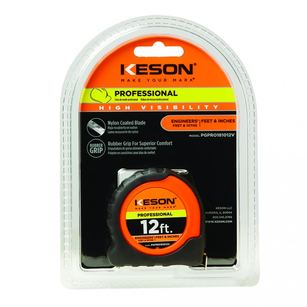 12 FT x 5/8 IN, PRO CASE, NYLON COATED STEEL BLADE, UNITS: FT, 1/10, 1/100, & FT, 1/8, 1/16, ORANGE 