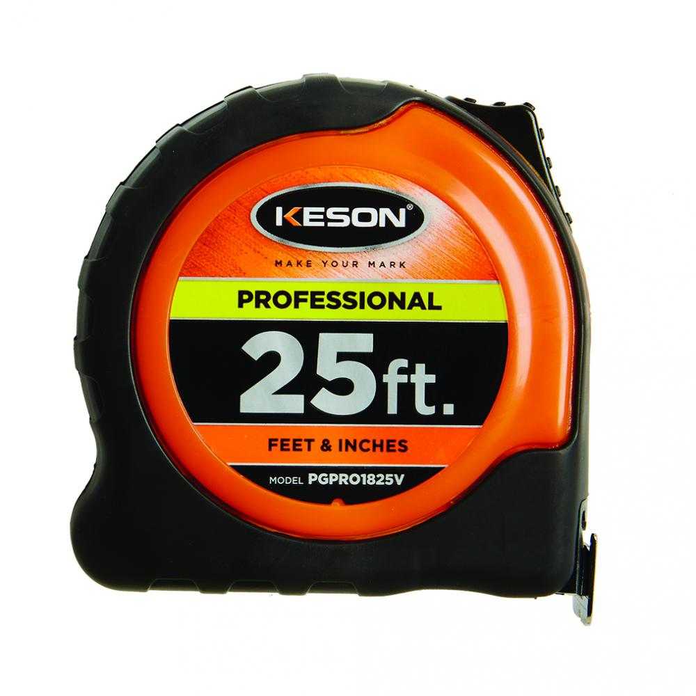 25 FT x 1 IN, PRO CASE, NYLON COATED STEEL BLADE, UNITS: FT, 1/10, 1/100, & FT, 1/8, 1/16, ORANGE *N