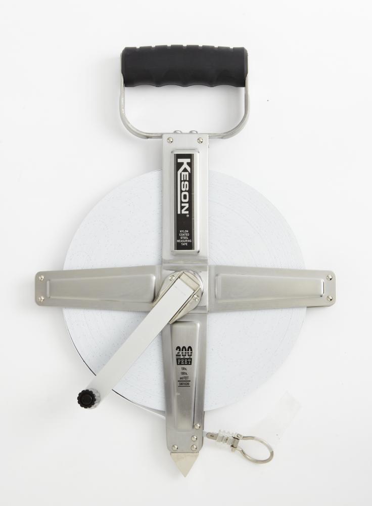 200 FT, UNITS: 1/10, 1/100, 2X NYLON COATED STEEL TAPE W/DEAD FOOT AND RING STAINLESS STEEL HOUSING