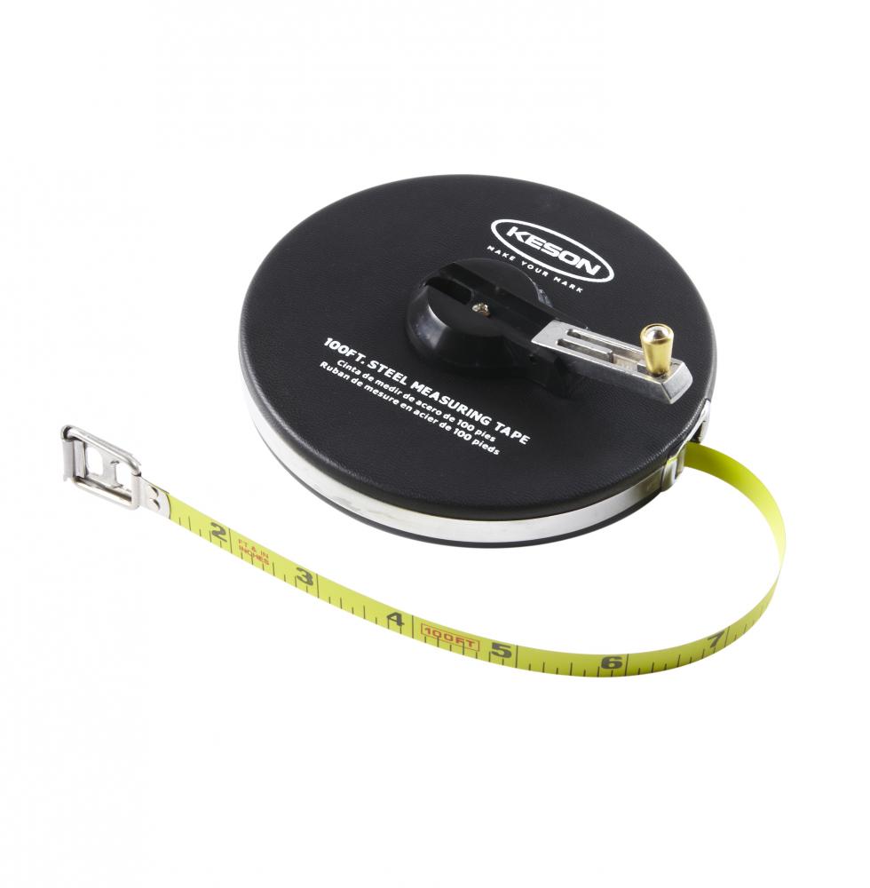 100 FT, UNITS: IN, 1/8, PAINTED STEEL TAPE CLOSED CASE W/HOOK