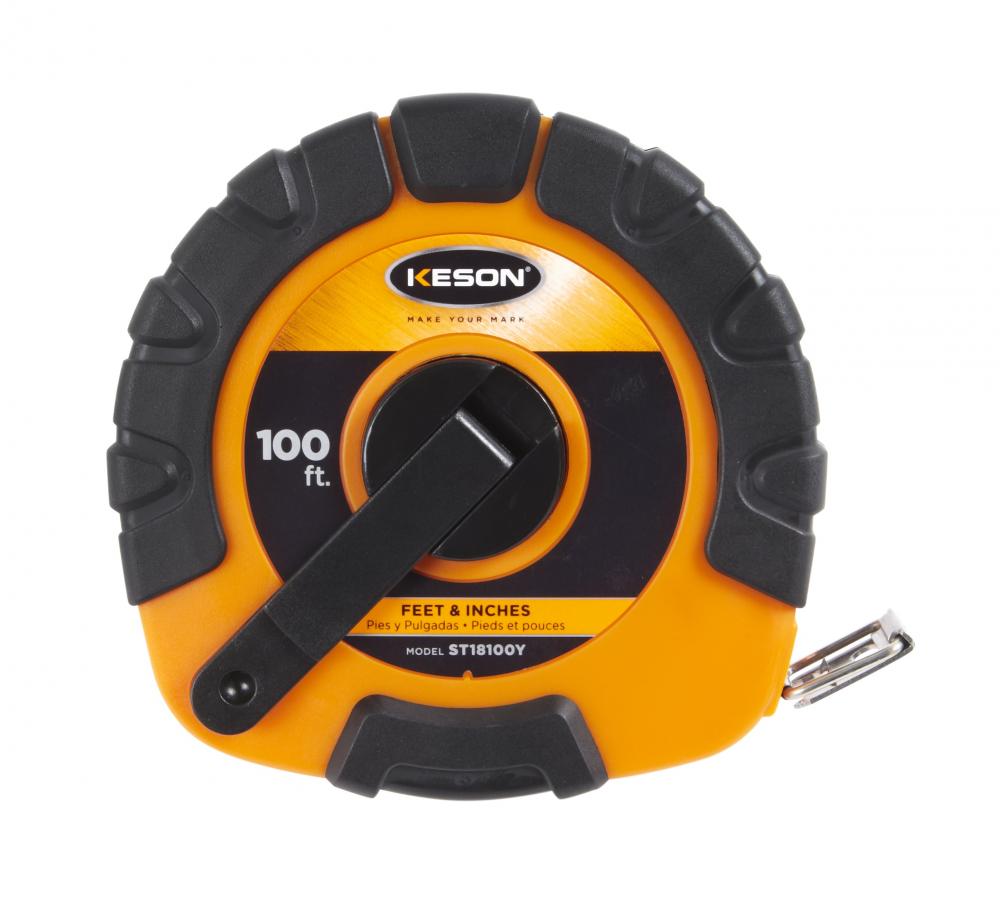 100 FT, UNITS: IN, 1/8, AND METRIC LACQUER COATED STEEL TAPE WITH HOOK 3X1 REWIND