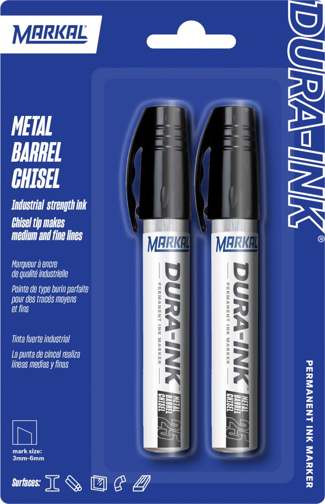 DURA-INK® Metal Barrel Chisel Permanent Ink Marker - Carded (2 pack), Black