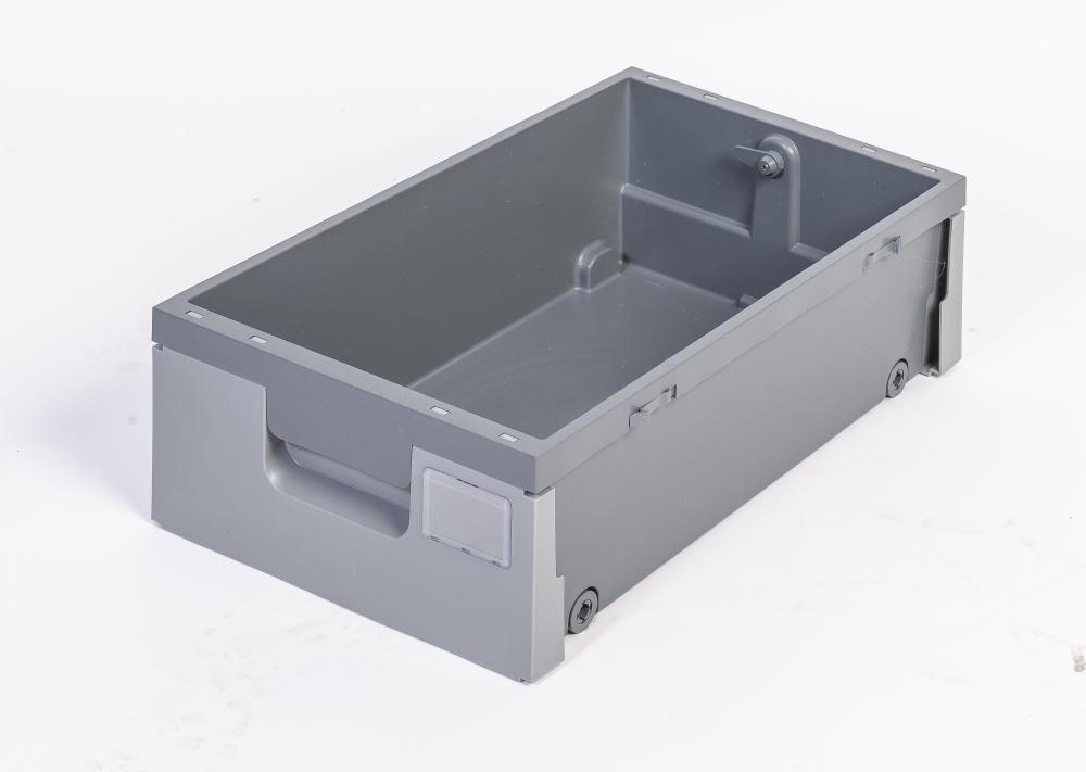Drawer with grey frontal panel and transparent plate For coding